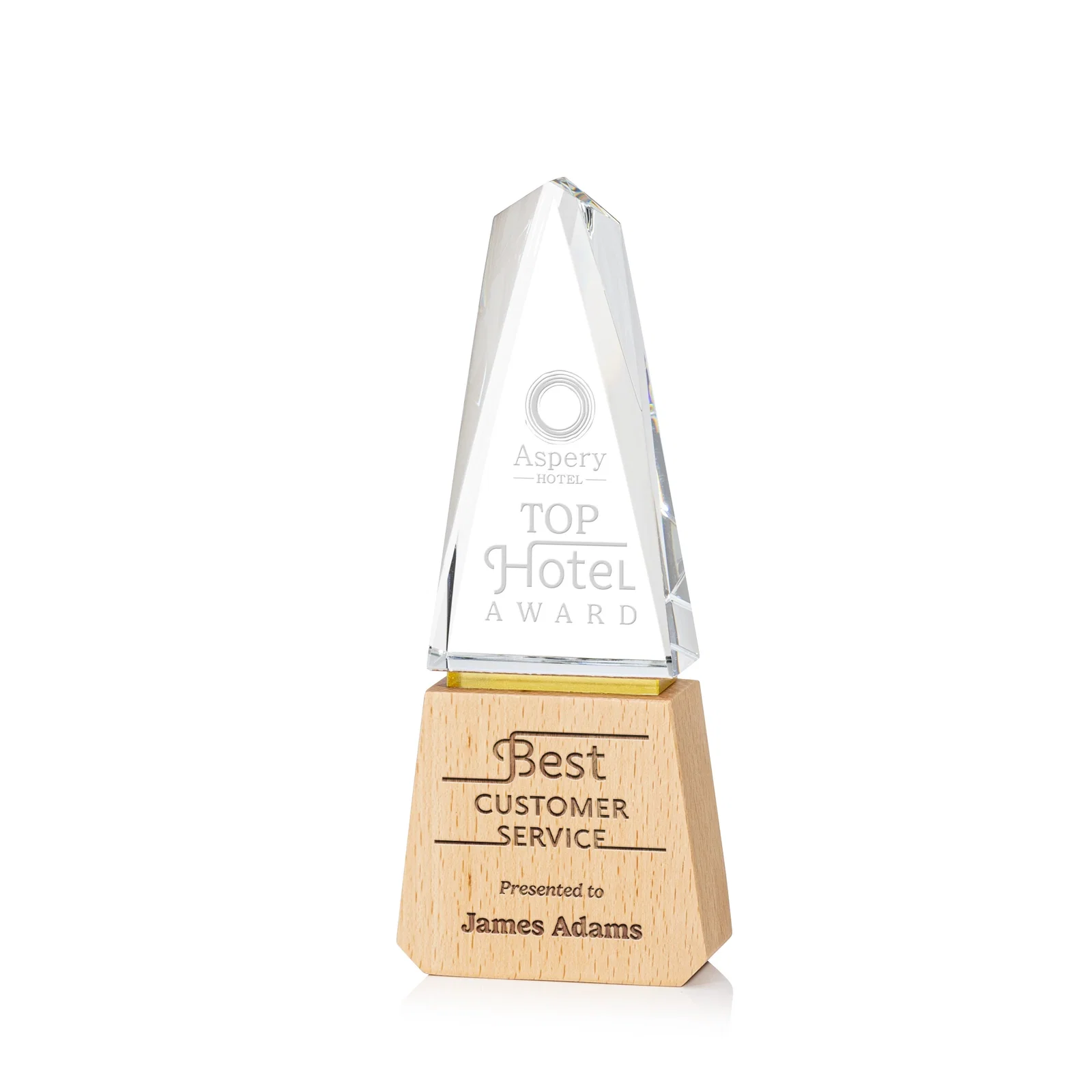 Custom Optical Crystal Award on Beechwood Base with Gold Accent Line for corporate award ceremonies