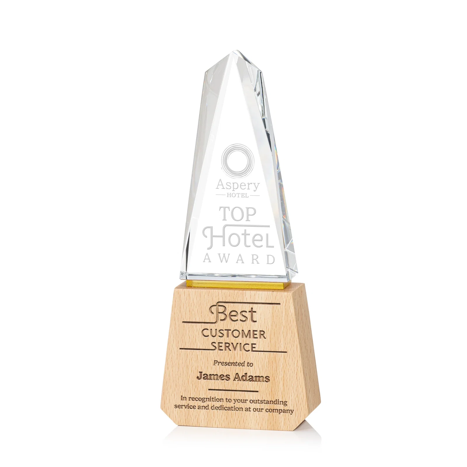 Custom Optical Crystal Award on Beechwood Base with Gold Accent Line for service anniversary gifts