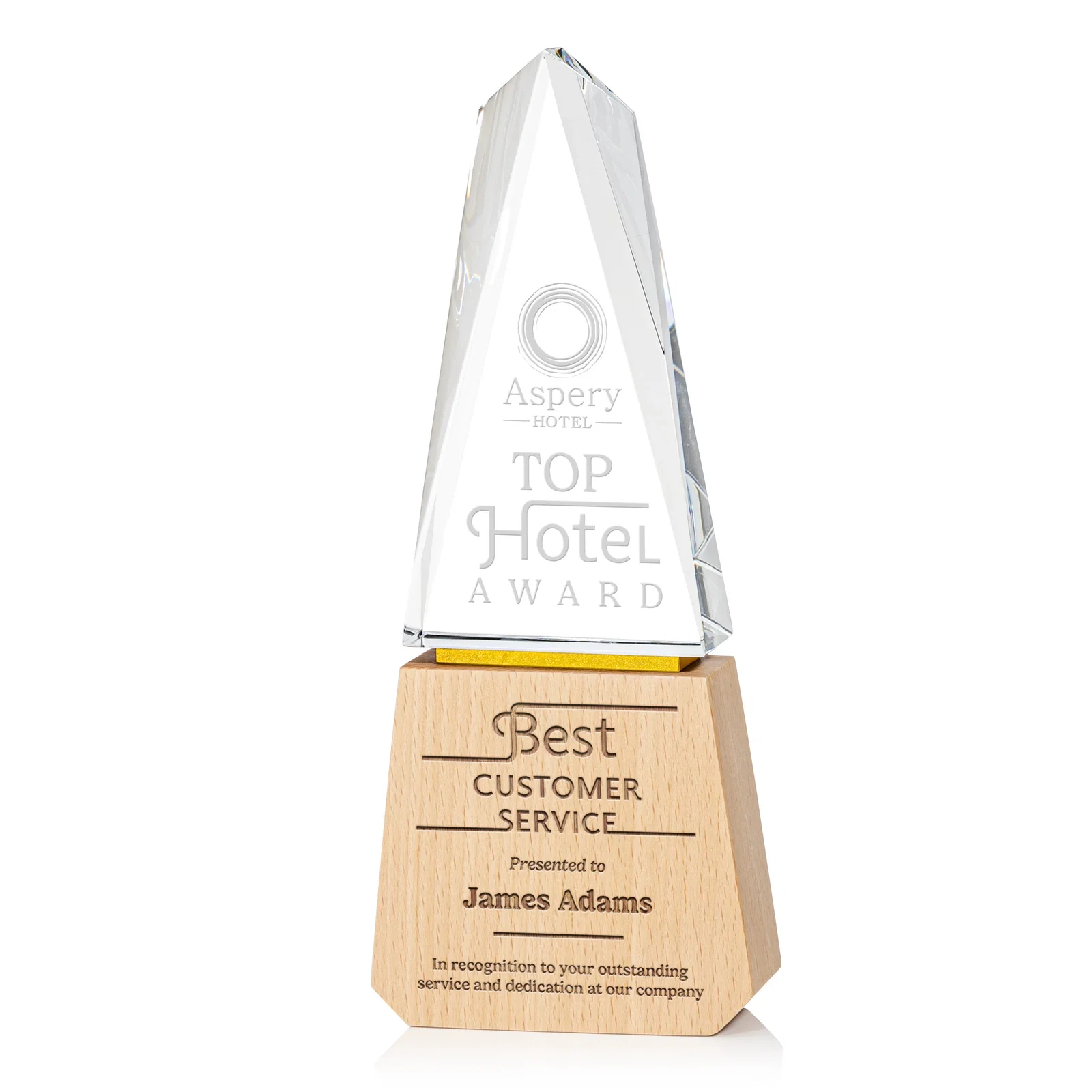 Custom Optical Crystal Award on Beechwood Base with Gold Accent Line for sales achievement awards