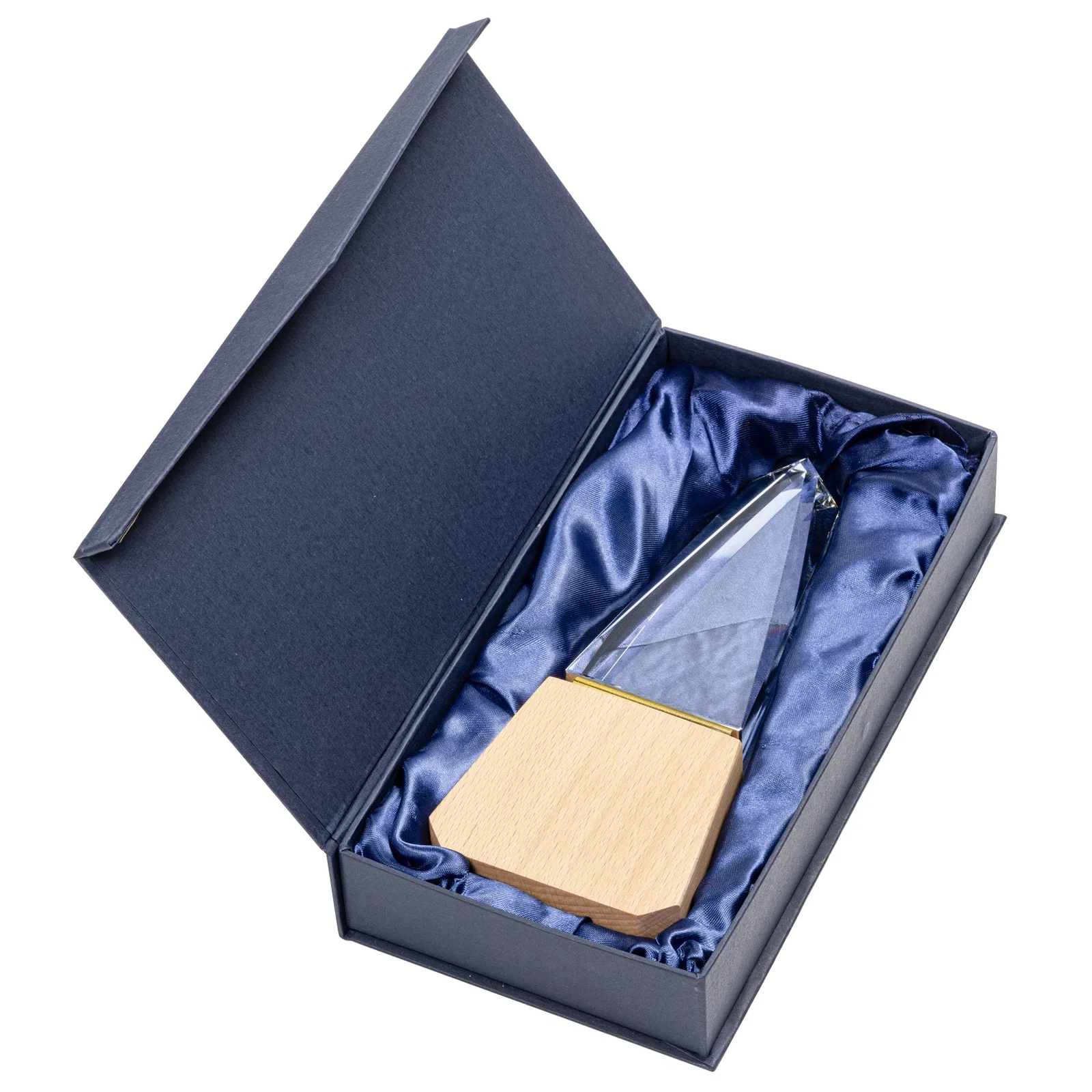 Custom Optical Crystal Award on Beechwood Base with Gold Accent Line for retirement presentations
