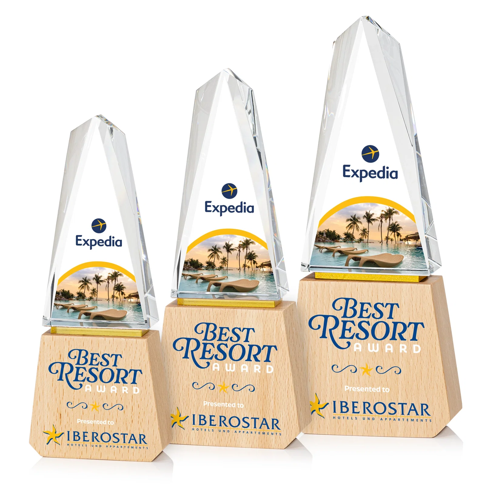 Custom Optical Crystal Award on Beechwood Base with Gold Accent Line for team milestone celebrations