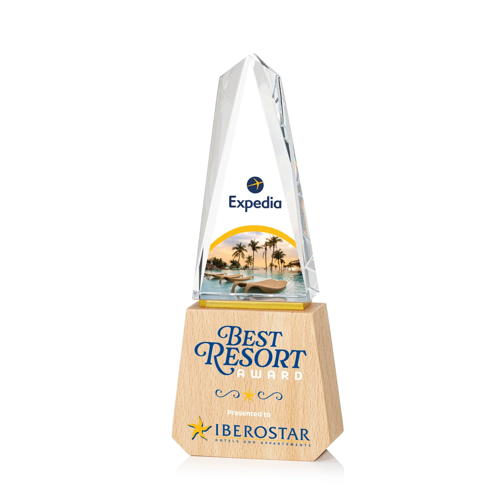 Custom Optical Crystal Award on Beechwood Base with Gold Accent Line for graduation ceremonies