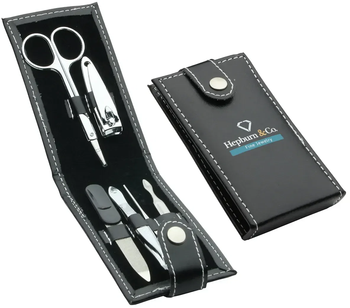 Look Sharp custom six-tool manicure kit, branded folding grooming case open, front view