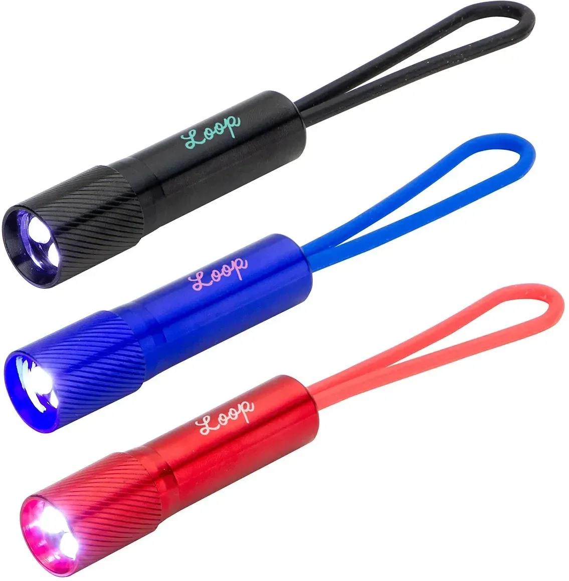 Loop Mini LED pocket flashlight with custom logo, promotional keychain flashlight front view