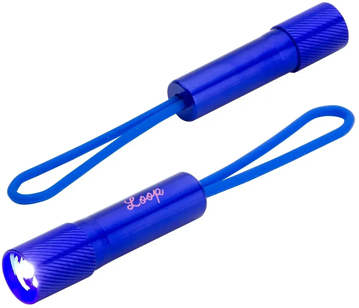 Custom branded aluminum mini flashlight clipped to keys, side view