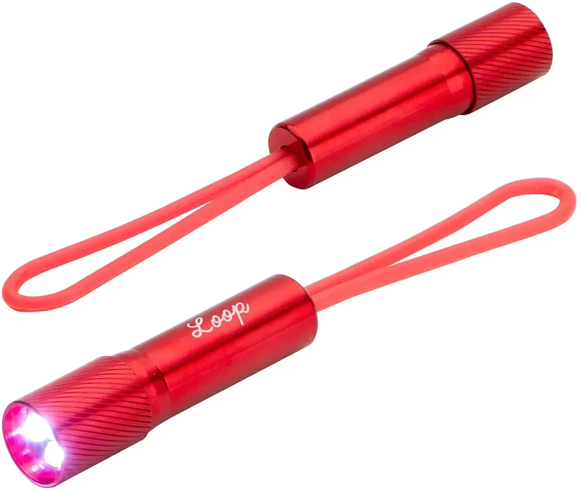 Close-up of the three LEDs on the promotional keychain flashlight