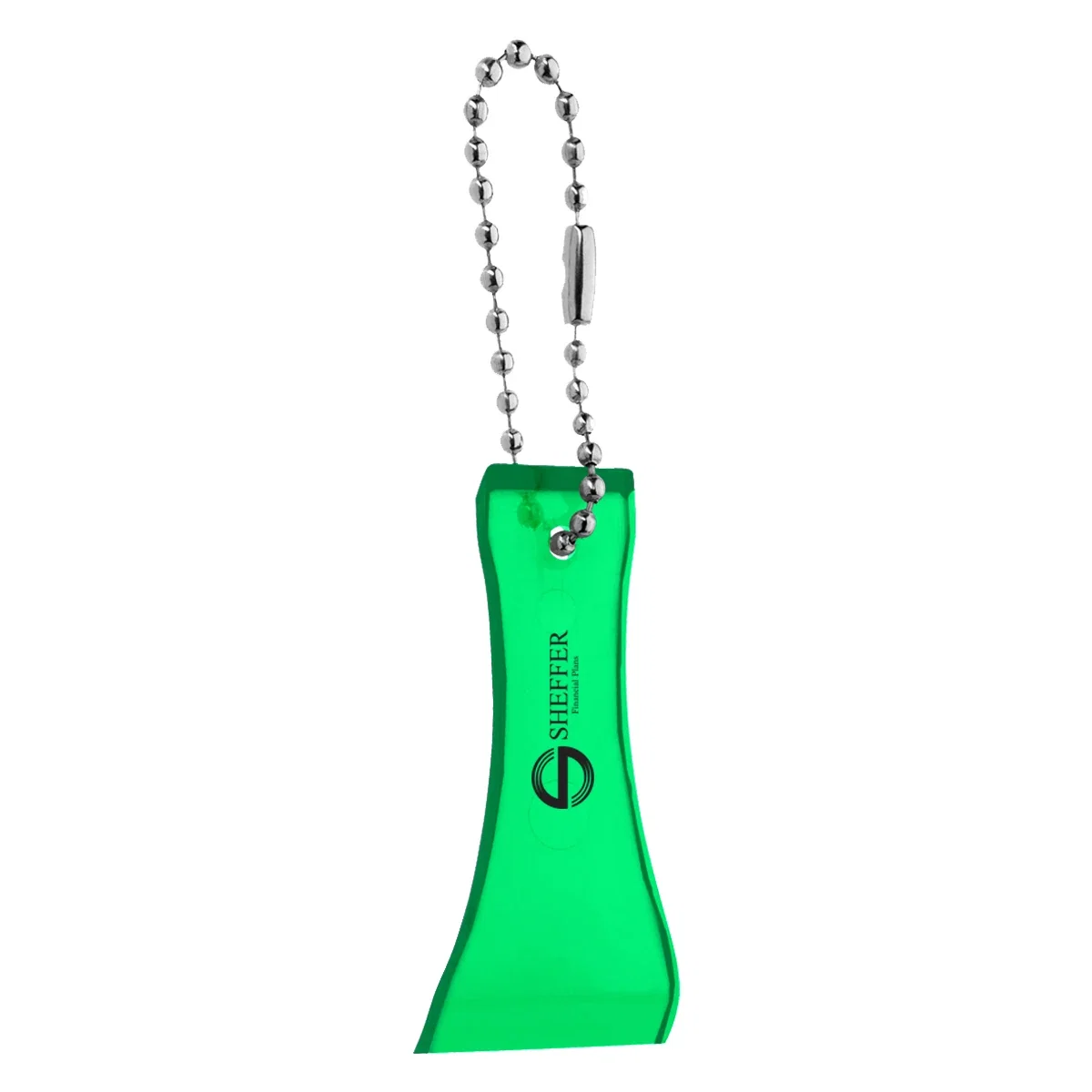 Green scratcher tool measuring two inches wide