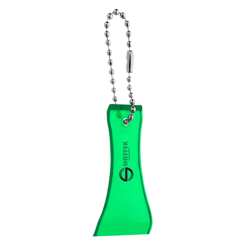 Green scratcher tool measuring two inches wide