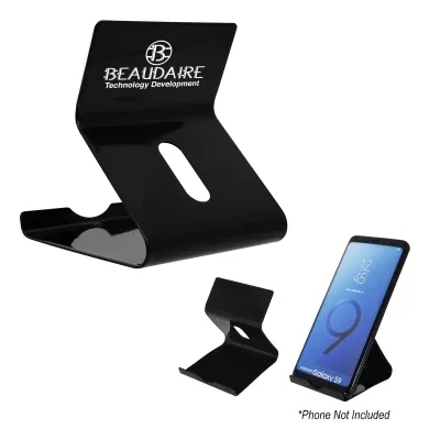 Black phone stand cradling a smartphone at a tilt