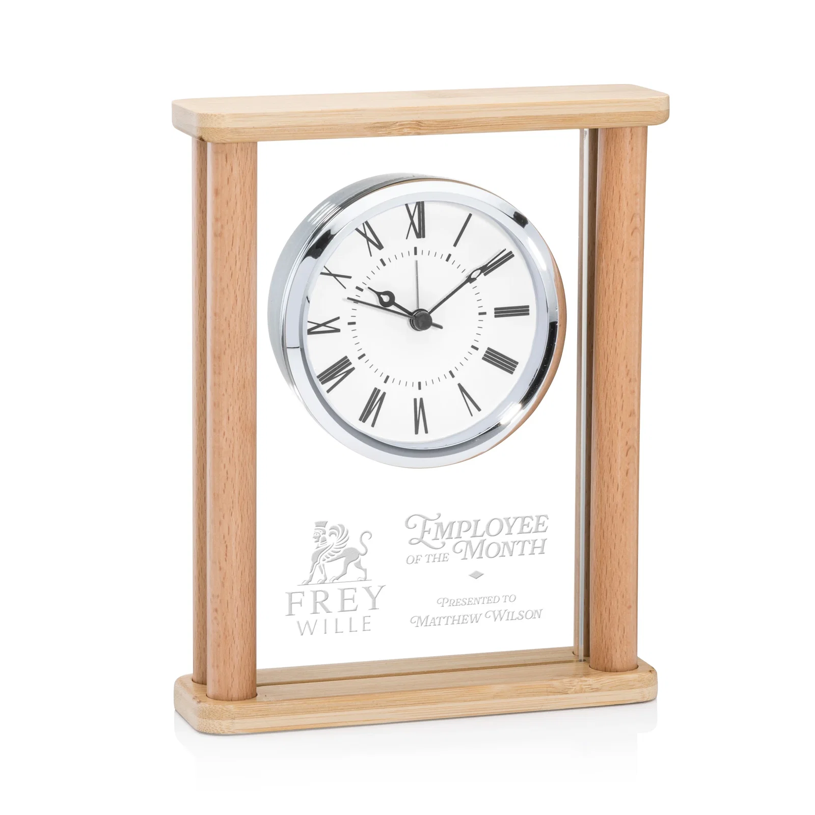 Custom Bamboo and Crystal Desk Clock with Chrome Dial for employee recognition
