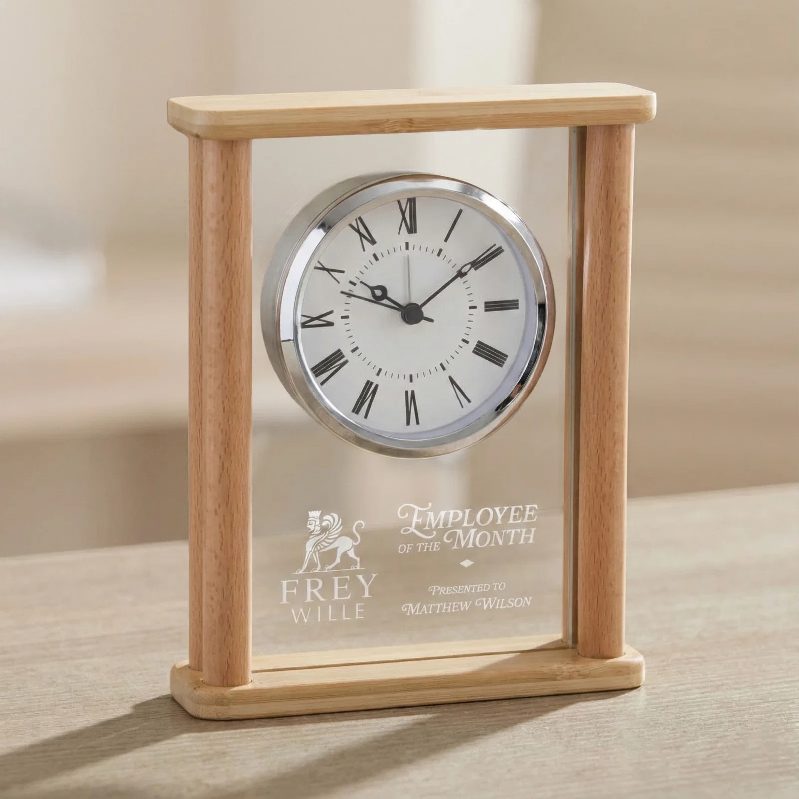 Custom Bamboo and Crystal Desk Clock with Chrome Dial for corporate award ceremonies