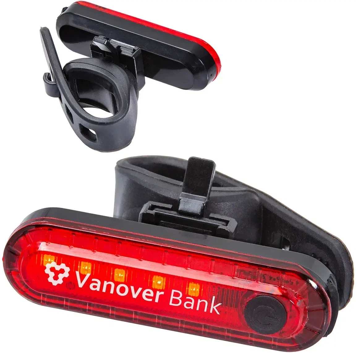 Lucent custom USB rechargeable bike taillight, branded red bike light, front hero view