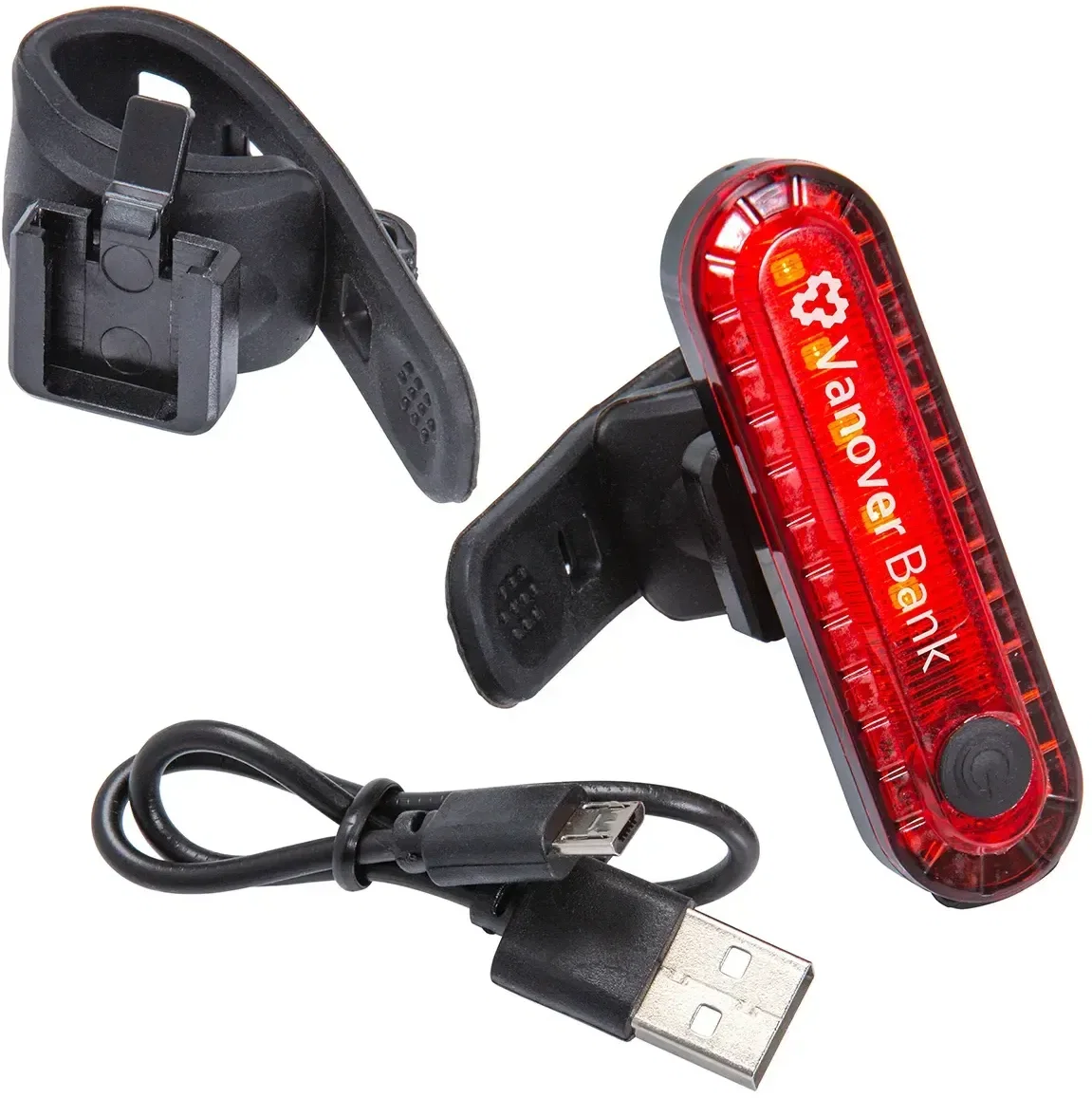 Custom Lucent bike taillight lit in red, branded promotional safety light angled view