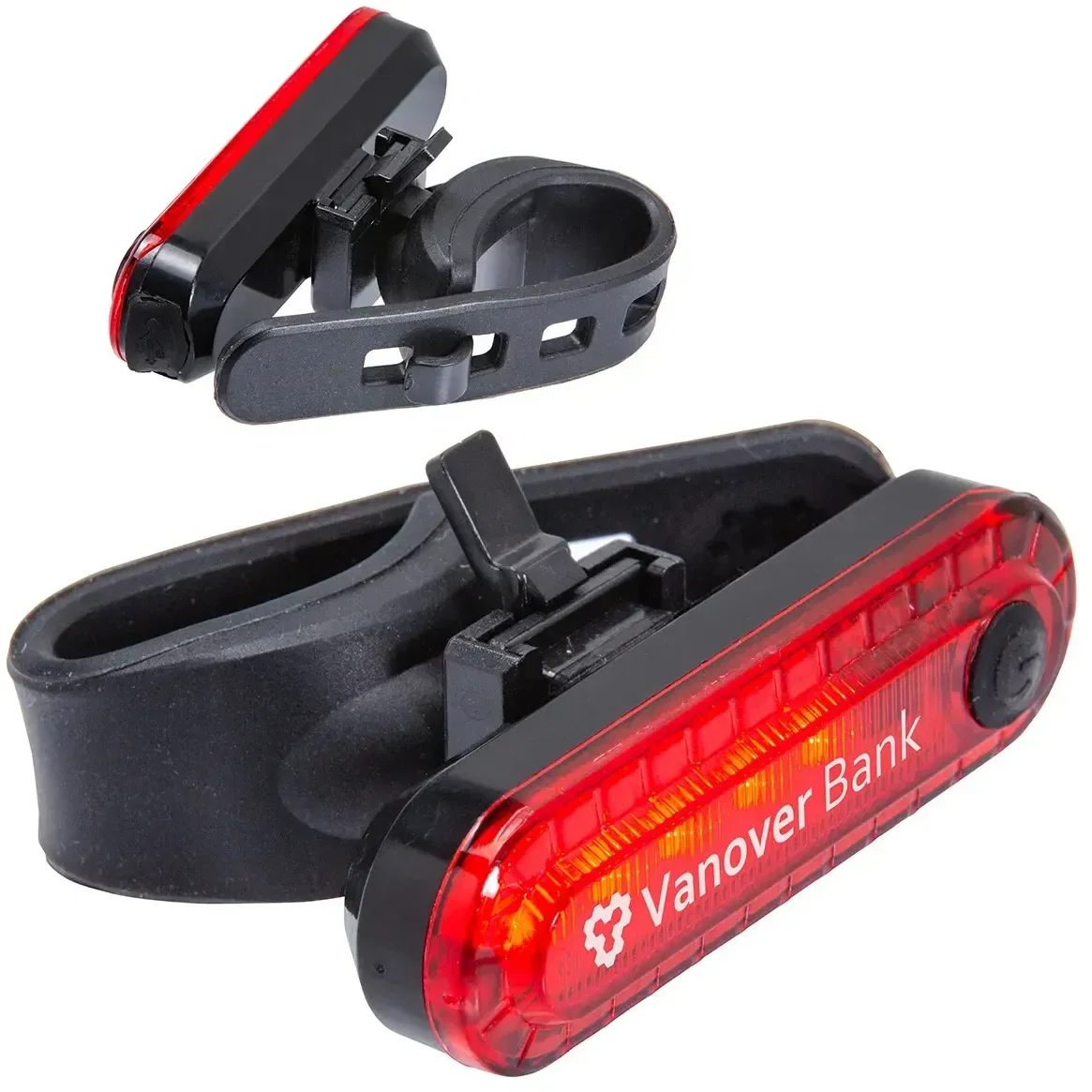 Branded Lucent bike taillight showing USB charging port, custom promotional light detail