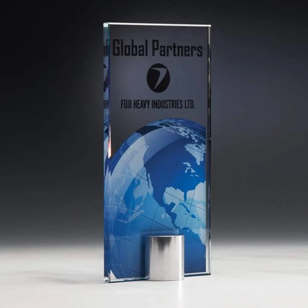 Custom Starfire Crystal World Map Award with Full-Color Back Print, metal awards for employee recognition