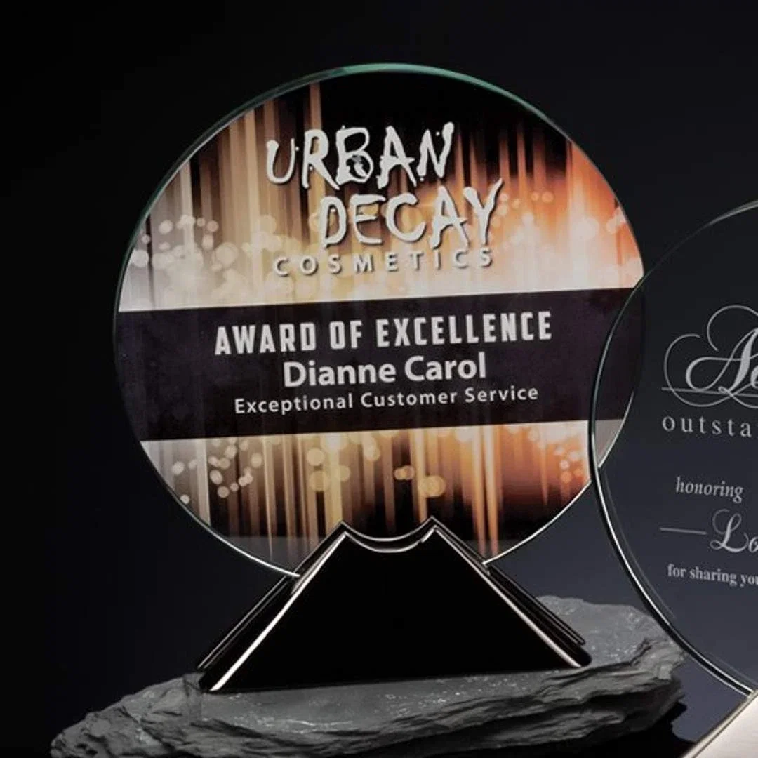 Custom Starfire Crystal Disc Award on Nickel-Finish Metal Base for corporate award ceremonies