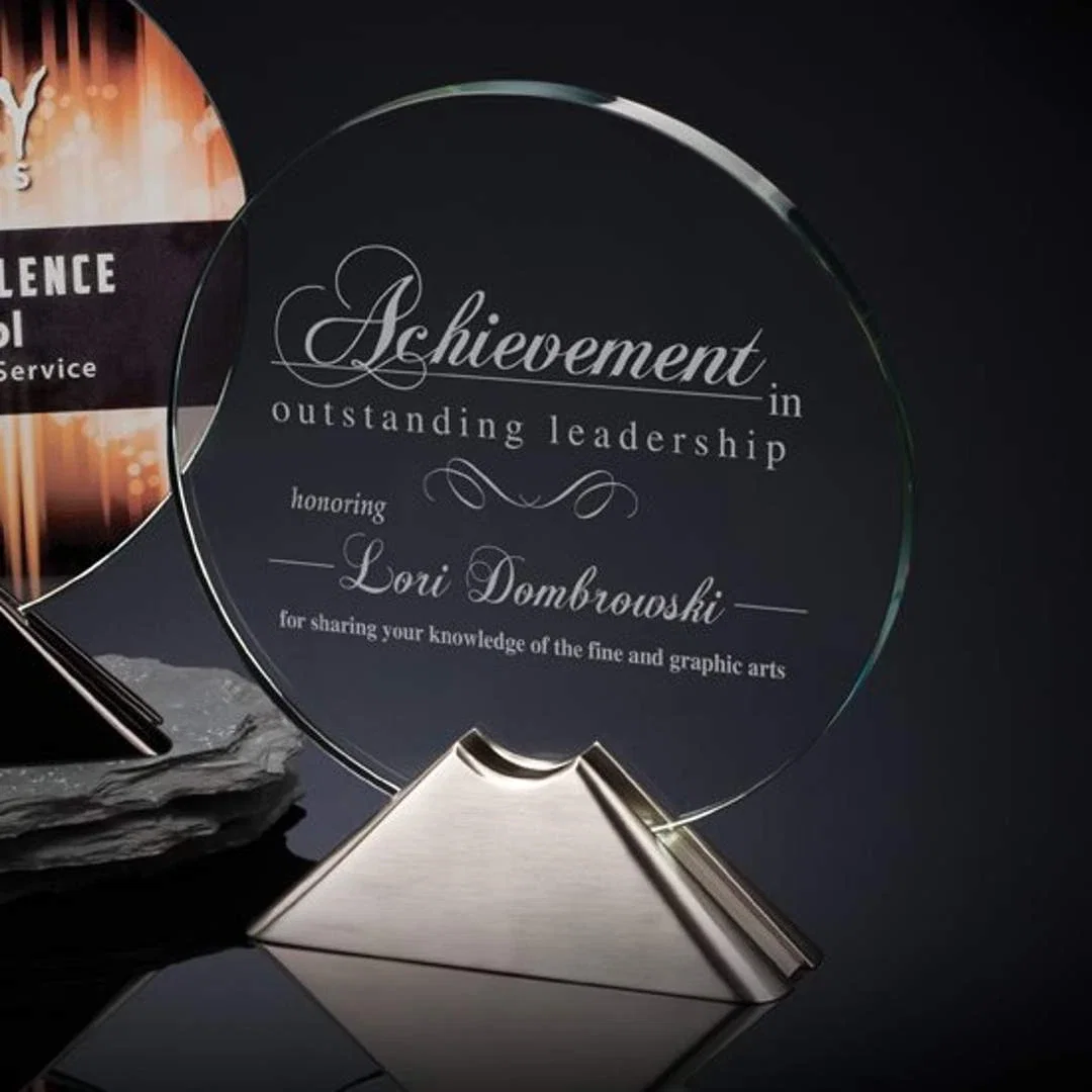 Custom Starfire Crystal Disc Award on Nickel-Finish Metal Base for service anniversary gifts