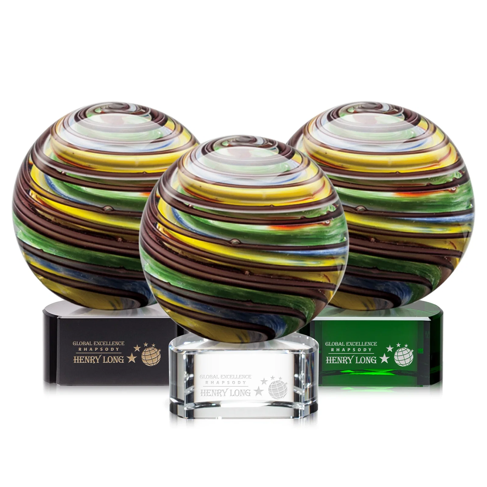 Custom Glass Sphere Award With Swirling Color Ribbons Inside for employee recognition