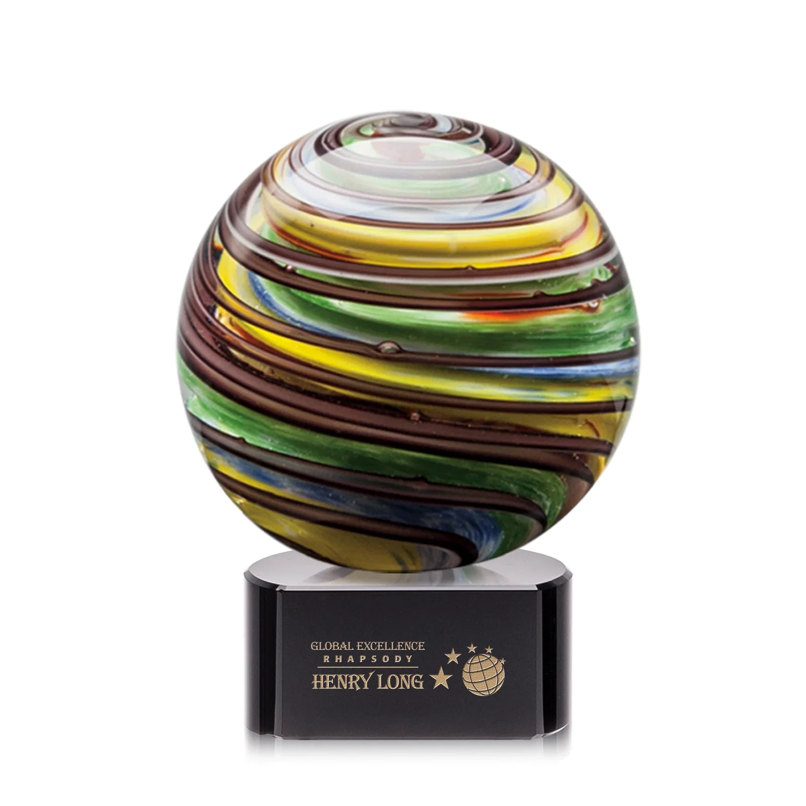 Custom Glass Sphere Award With Swirling Color Ribbons Inside for corporate award ceremonies