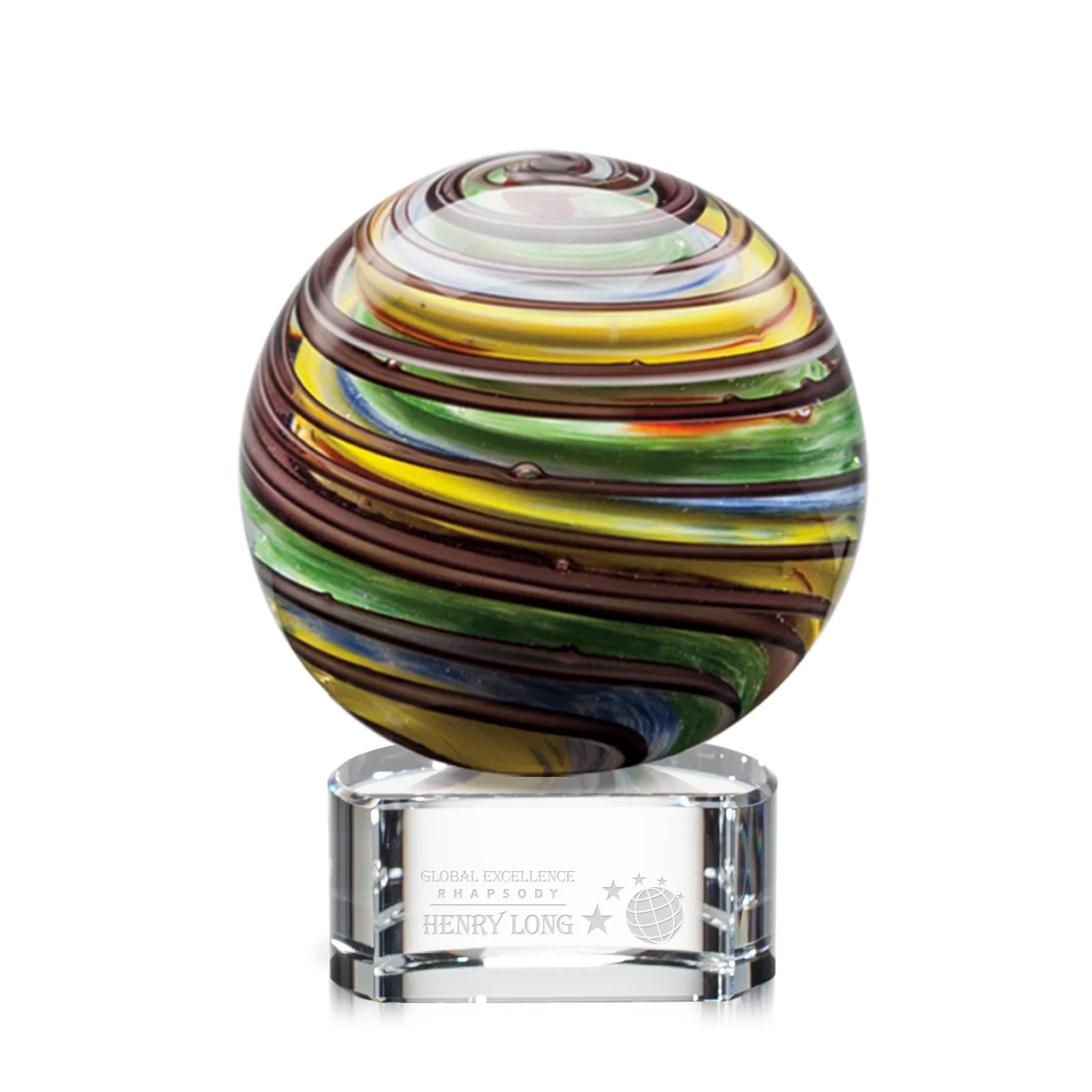 Custom Glass Sphere Award With Swirling Color Ribbons Inside for service anniversary gifts