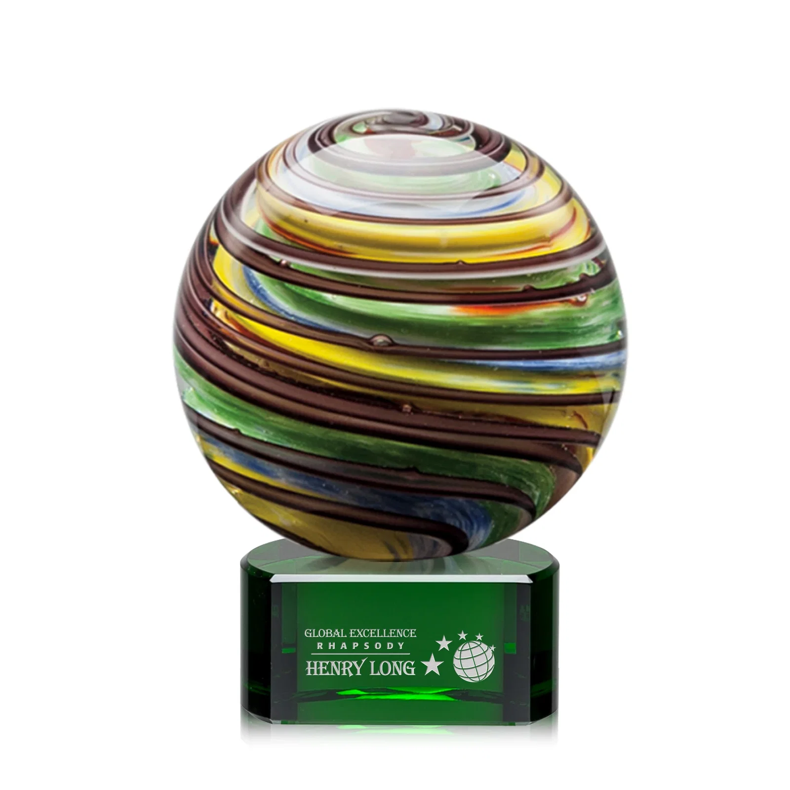 Custom Glass Sphere Award With Swirling Color Ribbons Inside for sales achievement awards
