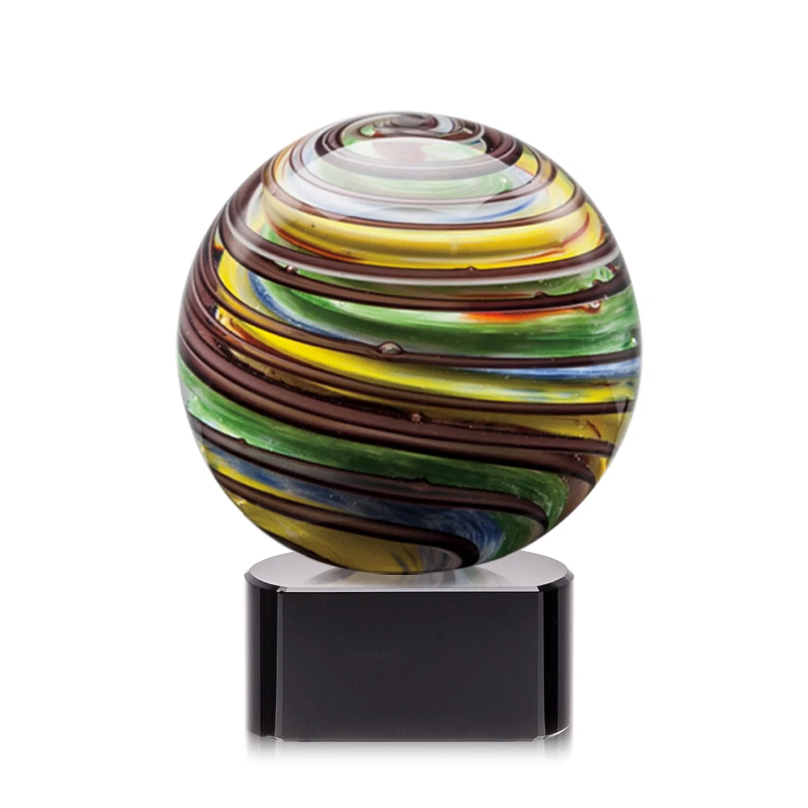 Custom Glass Sphere Award With Swirling Color Ribbons Inside for retirement presentations