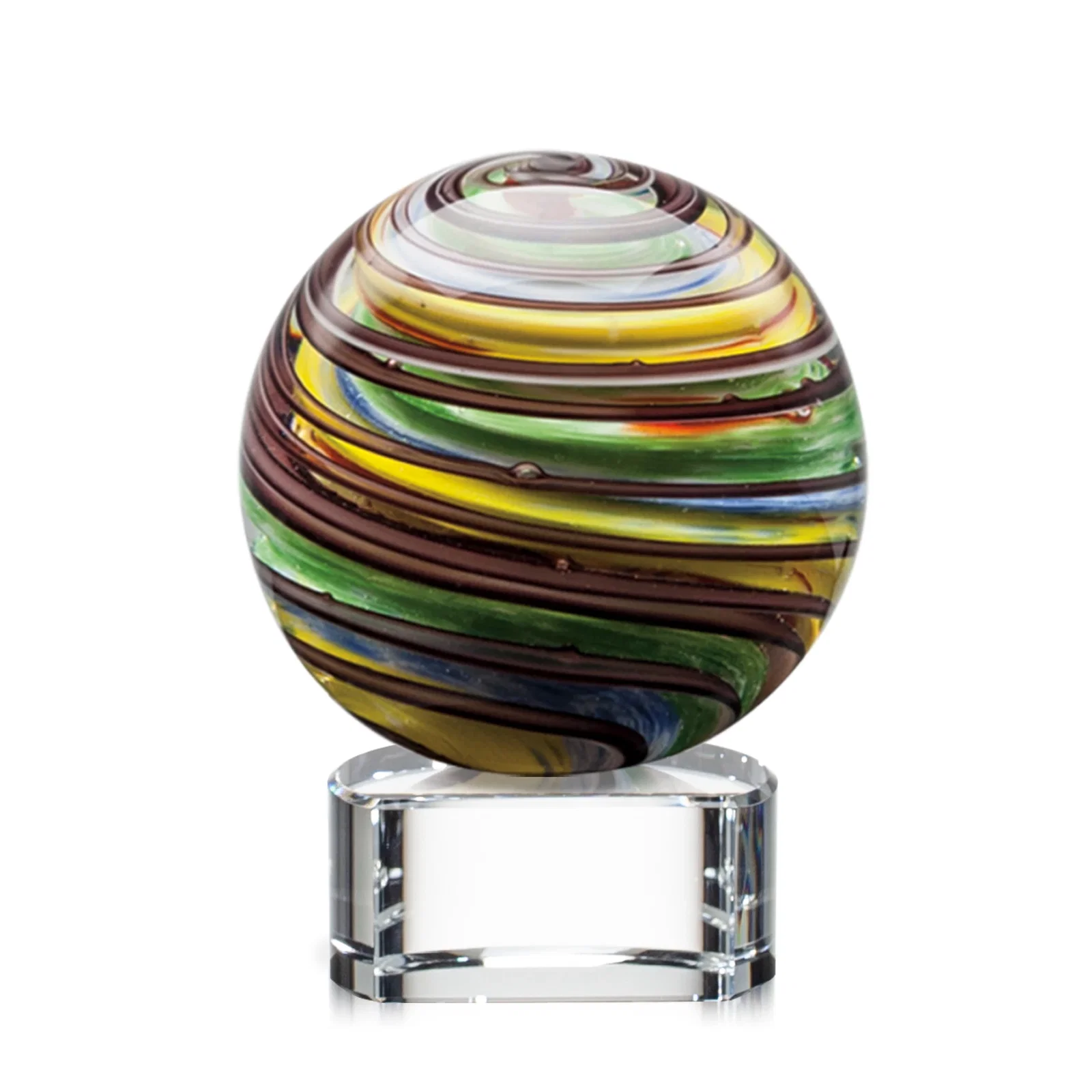 Custom Glass Sphere Award With Swirling Color Ribbons Inside for team milestone celebrations