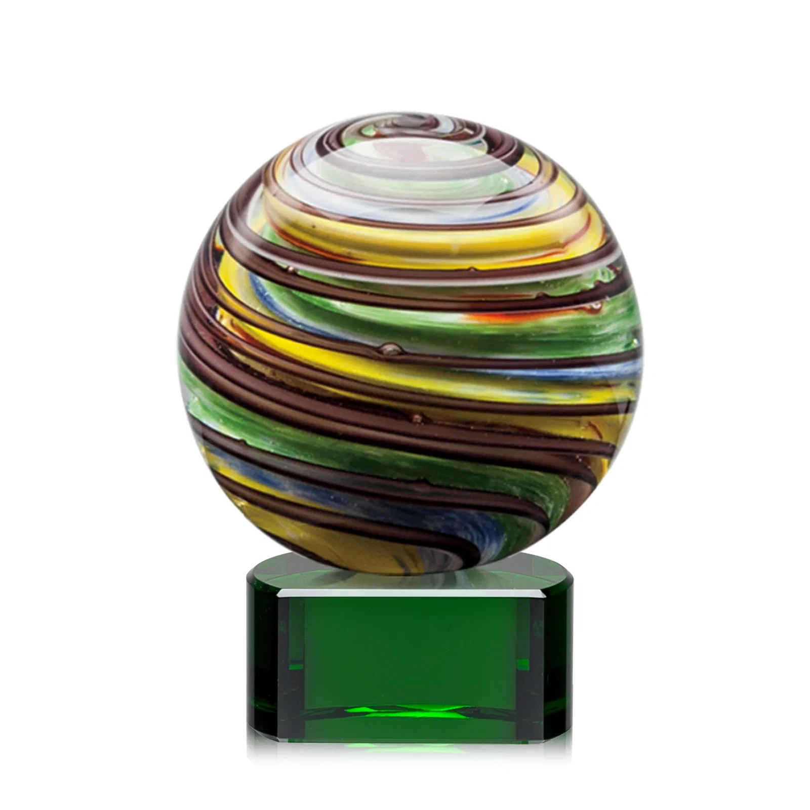 Custom Glass Sphere Award With Swirling Color Ribbons Inside for donor appreciation