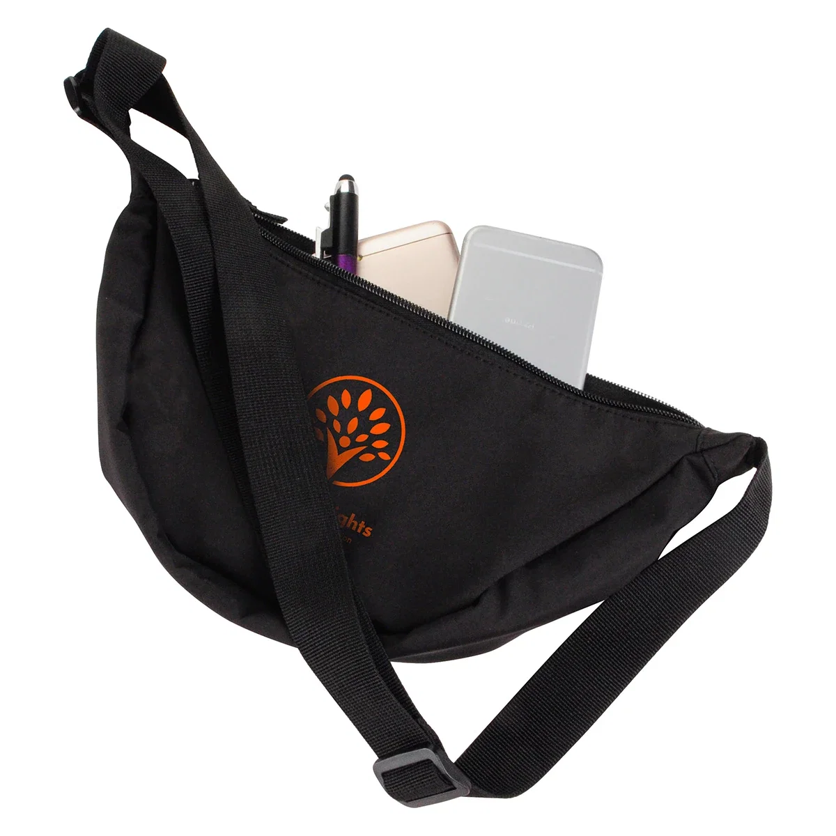 Close-up of the custom Lune Microfiber Waist Bag's logo imprint area