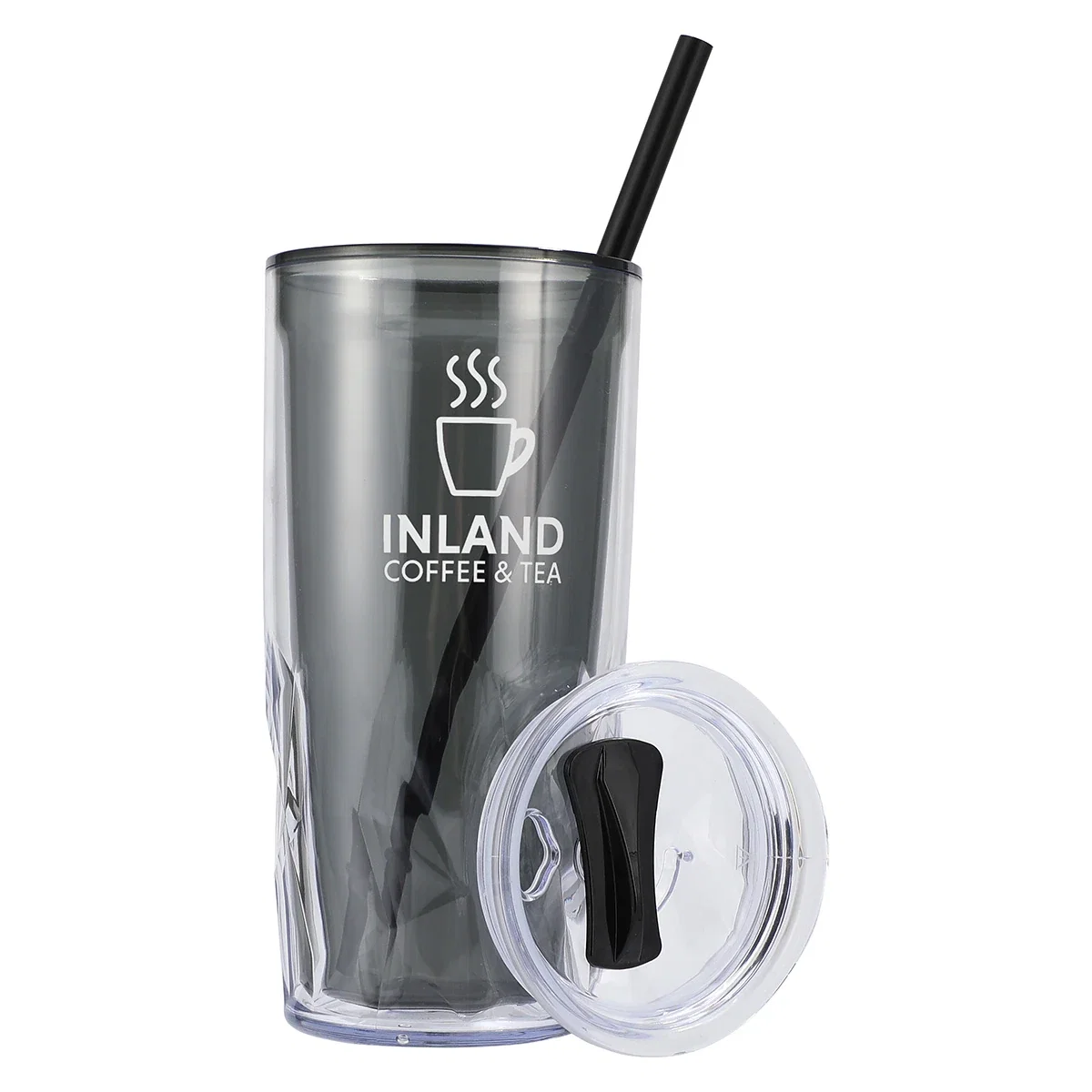 Close-up of the smaller size acrylic straw tumbler with the flip lid detached, showing the straw