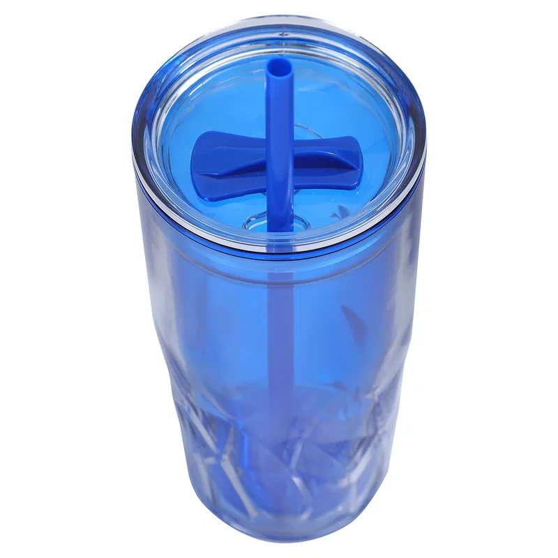 Close-up of the smaller size acrylic straw tumbler's flip-top lid in blue with the straw extended