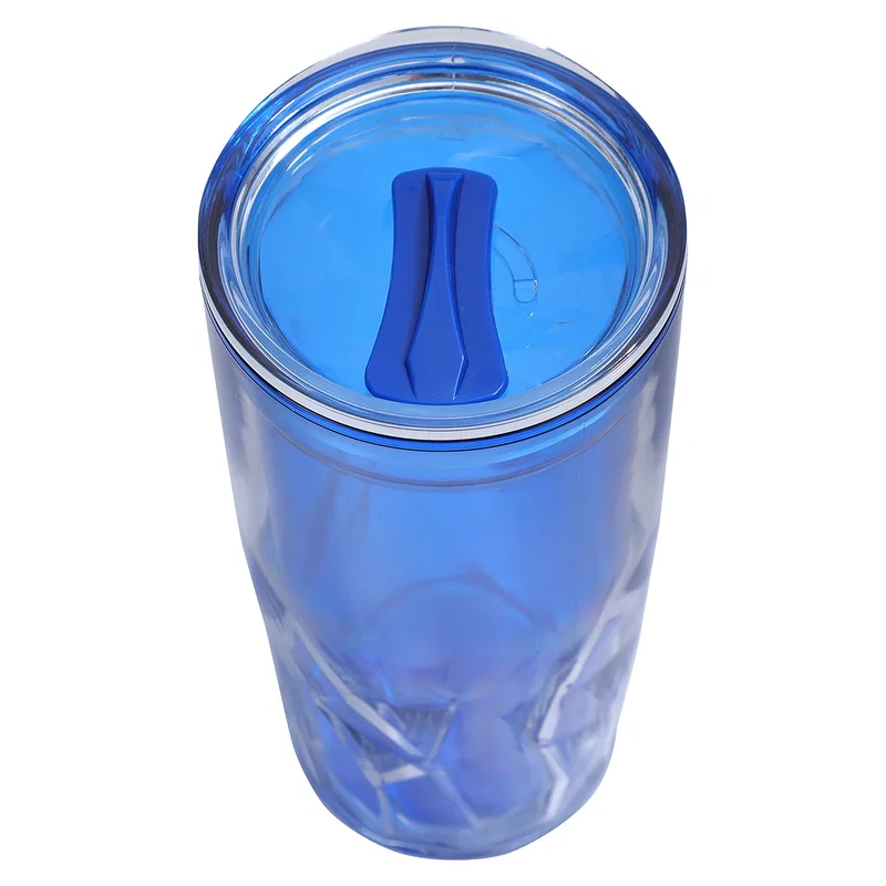 Close-up of the smaller size acrylic straw tumbler's flip-top lid in blue with the straw folded down