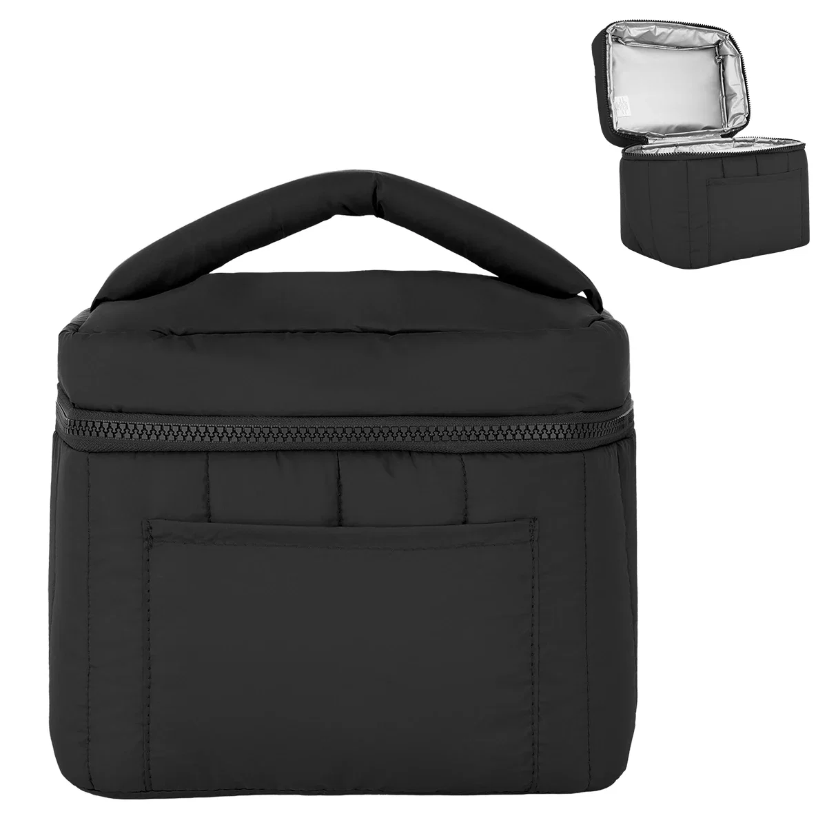 Carry handle stitched to the puffy upper edge