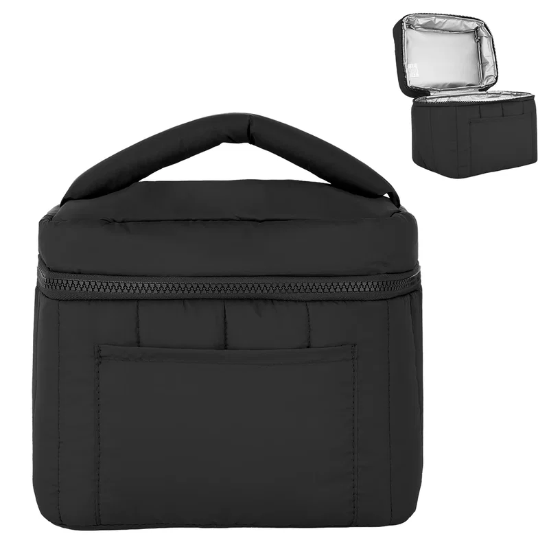 Carry handle stitched to the puffy upper edge