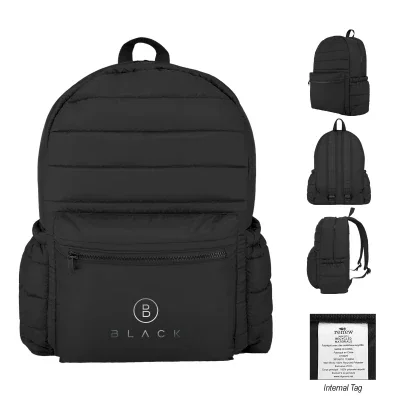 Black puffer backpack made from recycled polyester with quilted panels