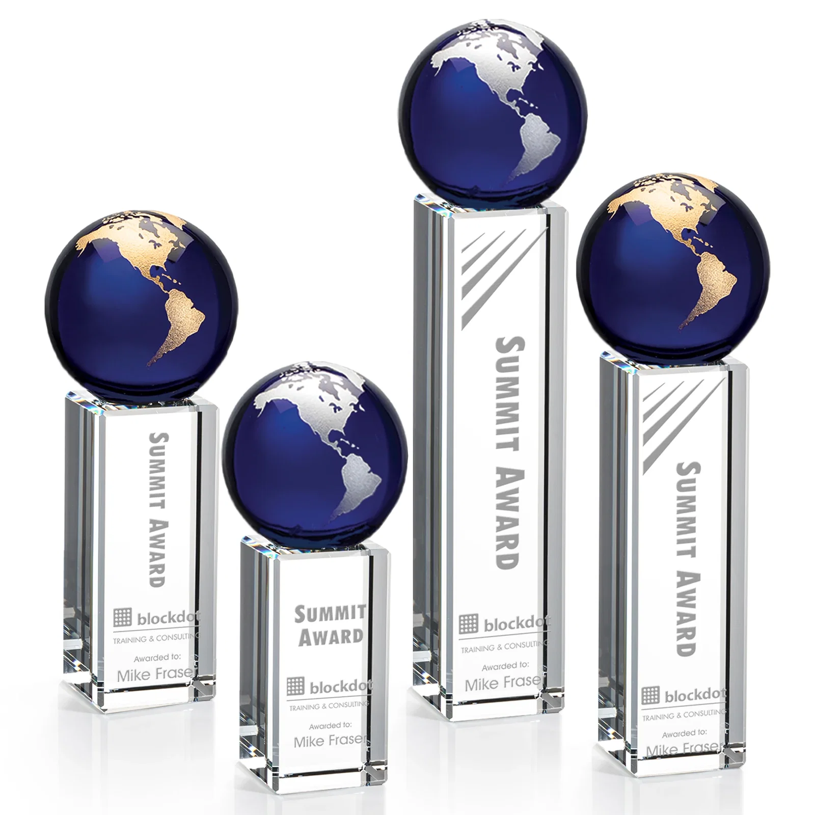 Custom Blue Optical Crystal Globe Award on Crystal Pillar for employee recognition