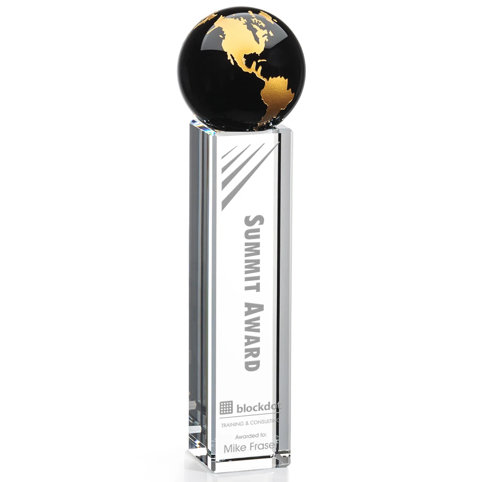 Custom Blue Optical Crystal Globe Award on Crystal Pillar for volunteer appreciation