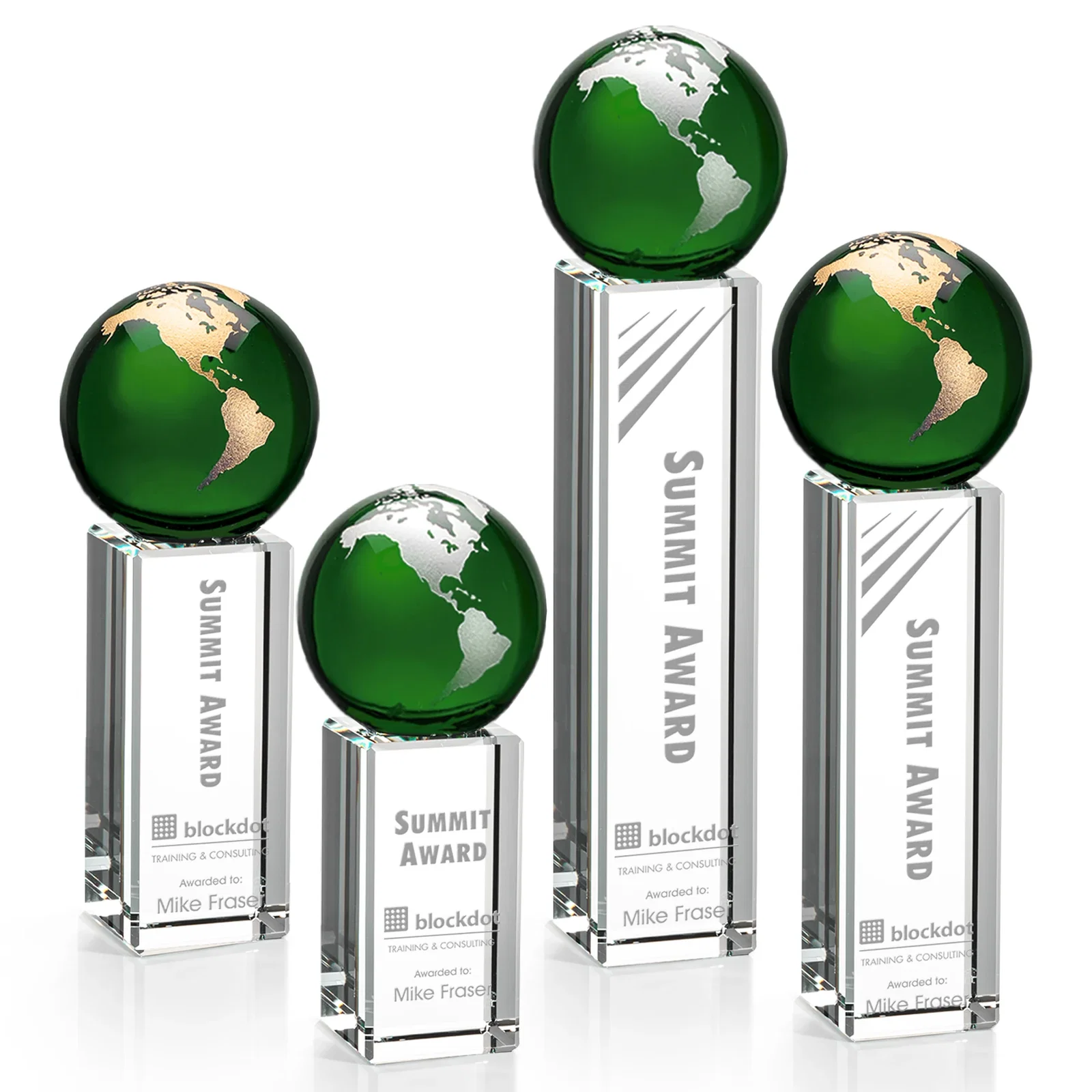 Custom Blue Optical Crystal Globe Award on Crystal Pillar for dealer and partner awards