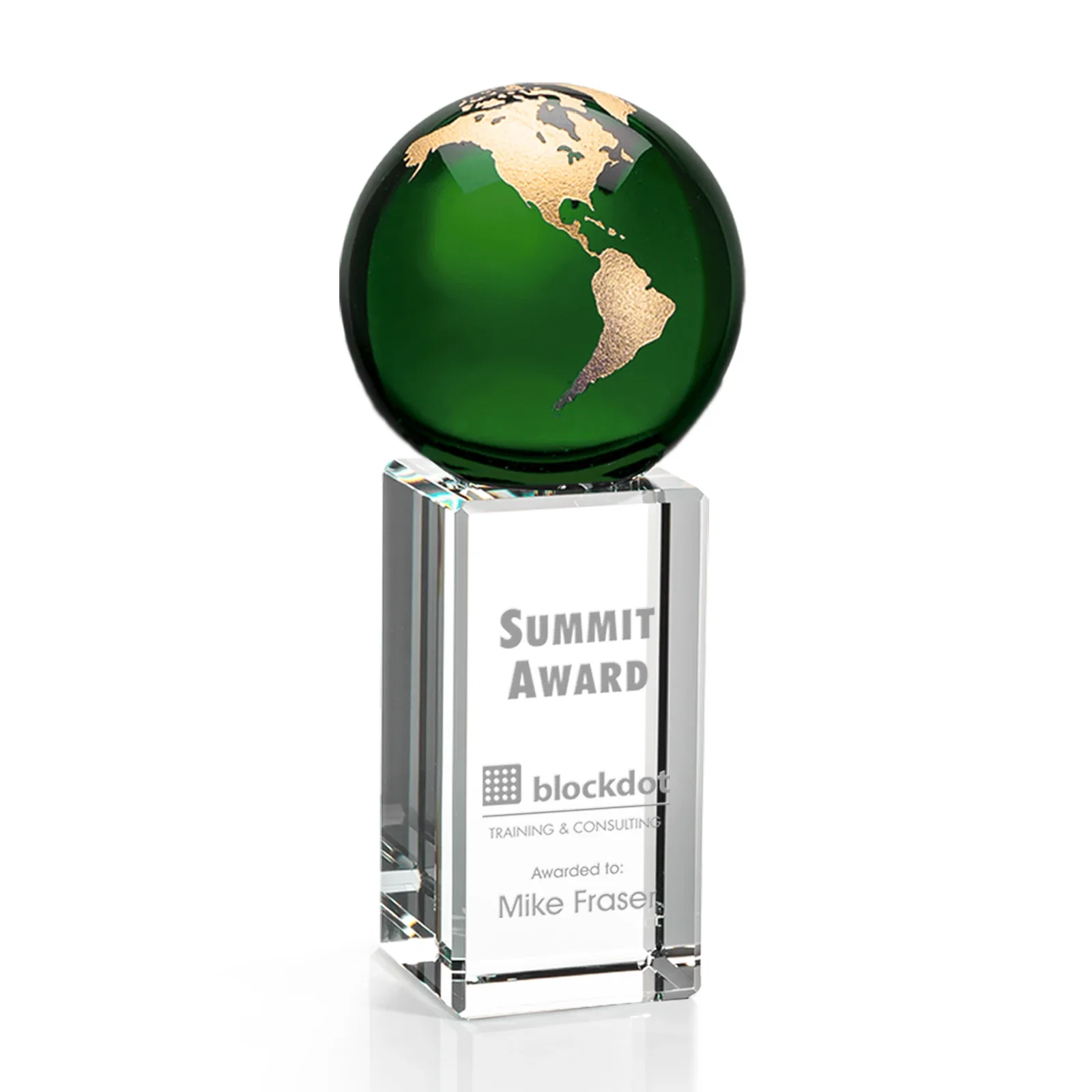 Custom Blue Optical Crystal Globe Award on Crystal Pillar for company anniversary events