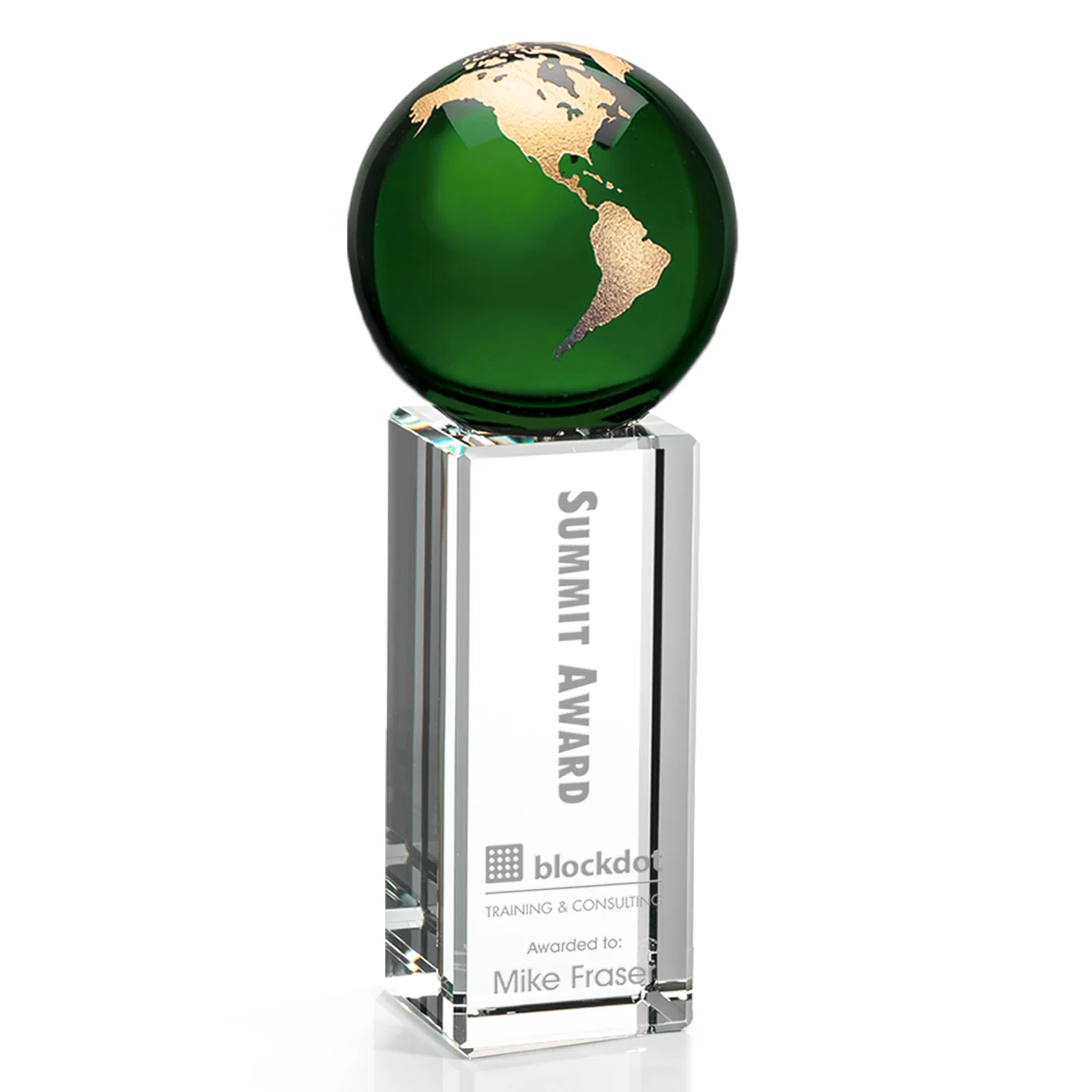 Personalized Blue Optical Crystal Globe Award on Crystal Pillar for employee recognition