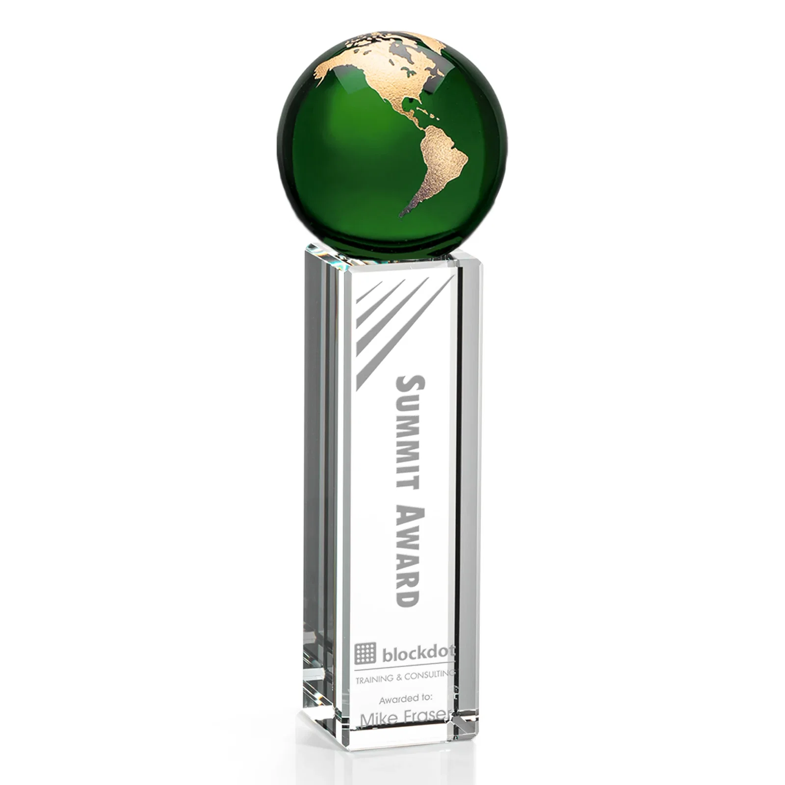 Personalized Blue Optical Crystal Globe Award on Crystal Pillar for corporate award ceremonies