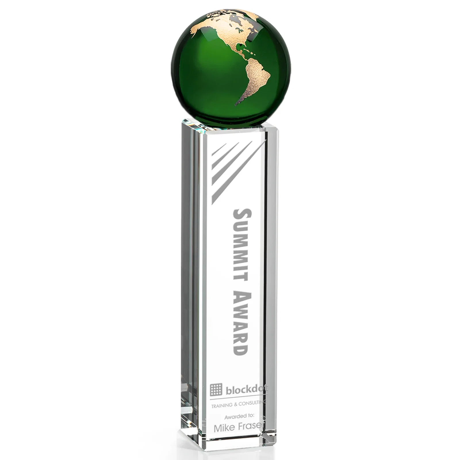 Personalized Blue Optical Crystal Globe Award on Crystal Pillar for service anniversary gifts