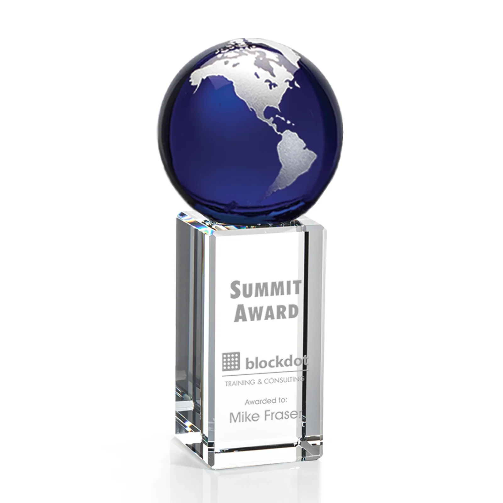 Personalized Blue Optical Crystal Globe Award on Crystal Pillar for sales achievement awards