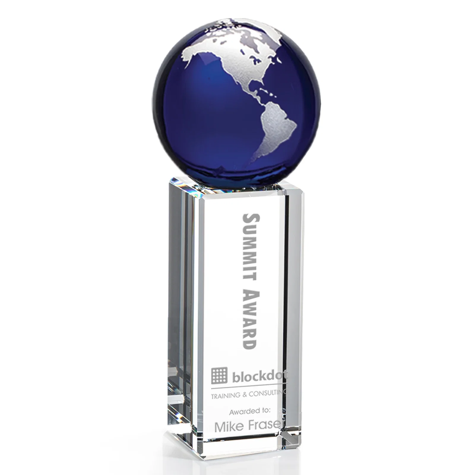 Personalized Blue Optical Crystal Globe Award on Crystal Pillar for retirement presentations