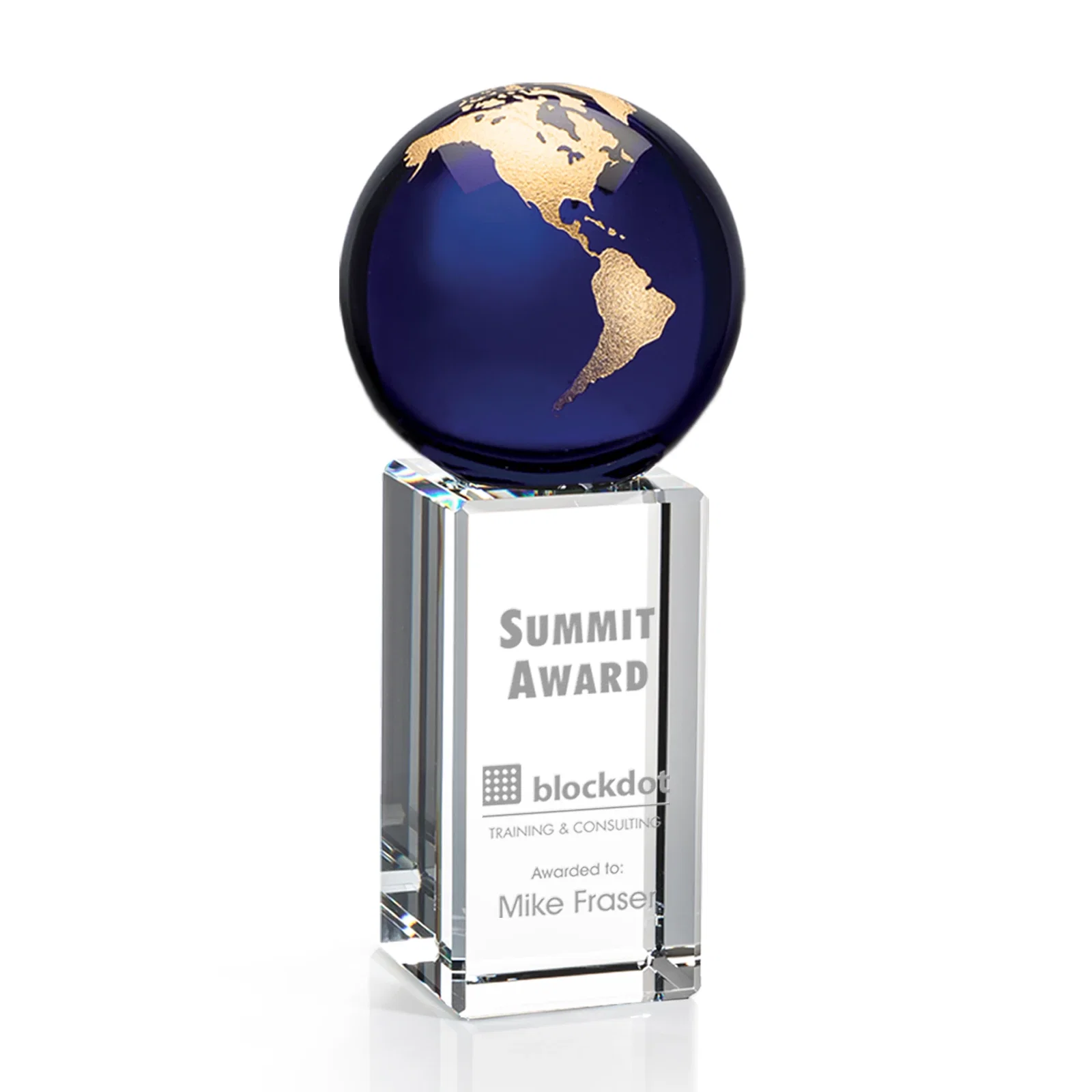 Custom Blue Optical Crystal Globe Award on Crystal Pillar for corporate award ceremonies