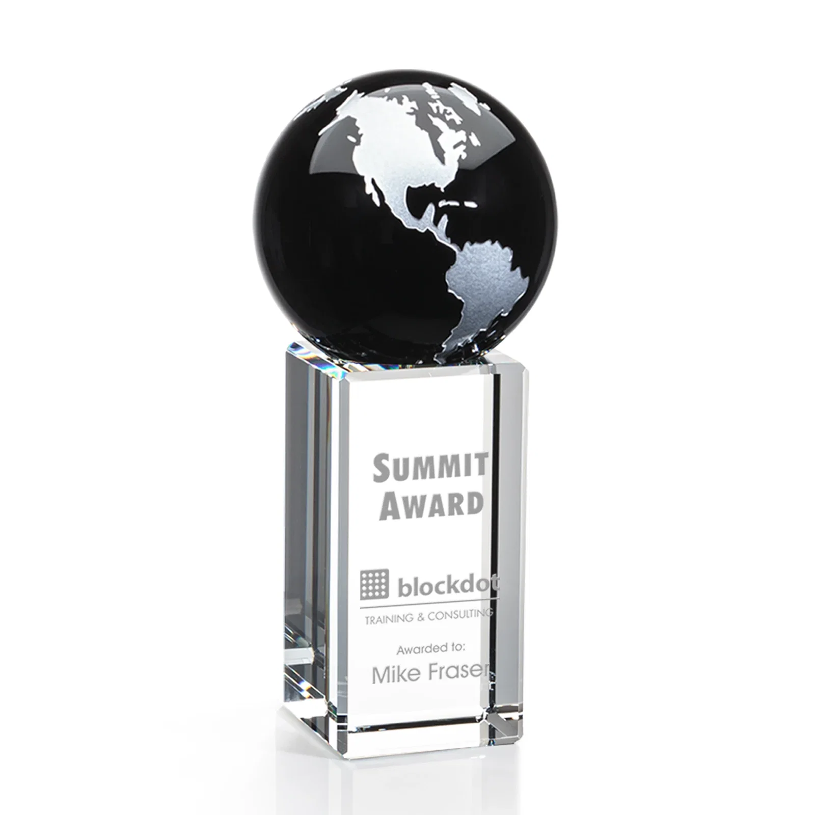 Personalized Blue Optical Crystal Globe Award on Crystal Pillar for graduation ceremonies