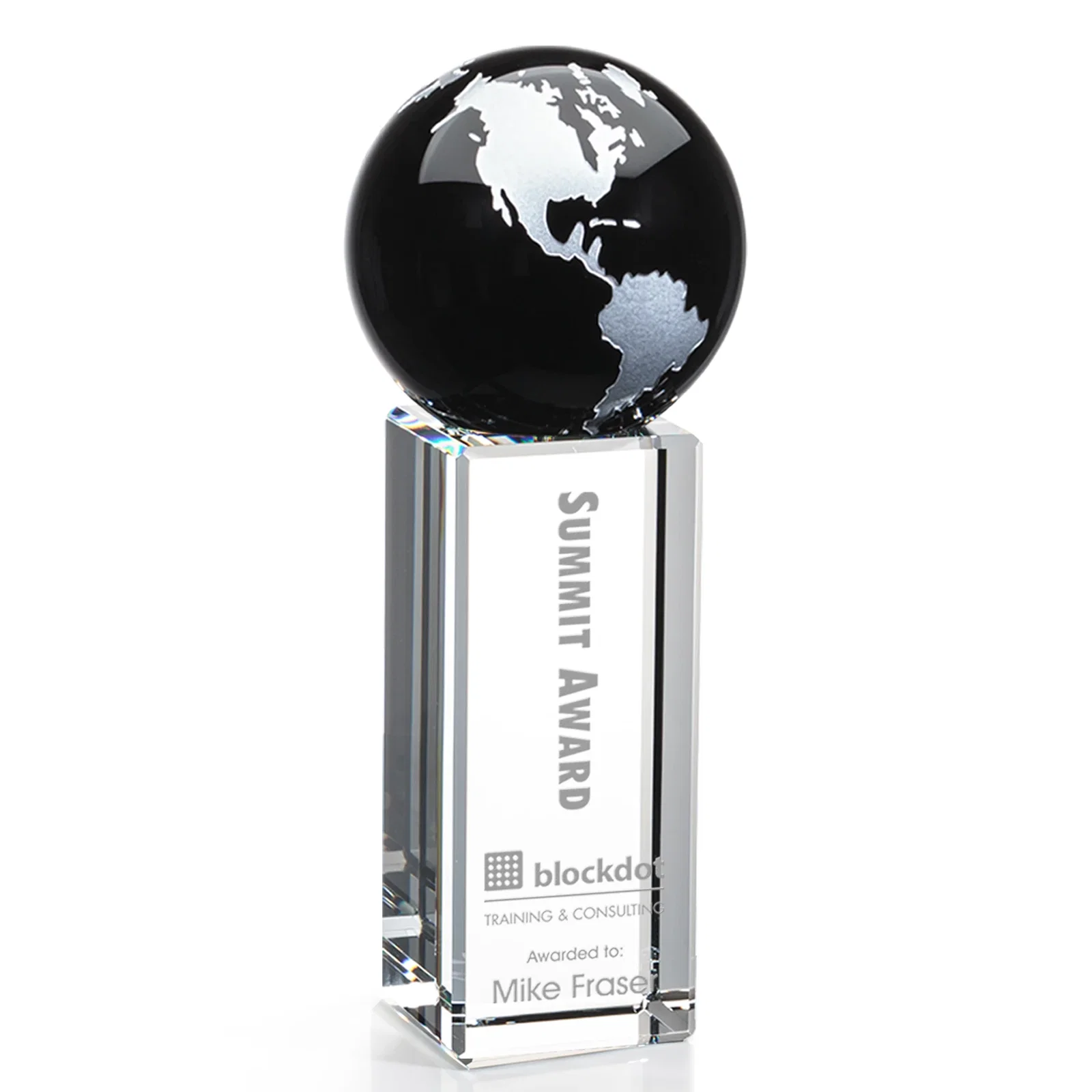Personalized Blue Optical Crystal Globe Award on Crystal Pillar for safety achievement programs