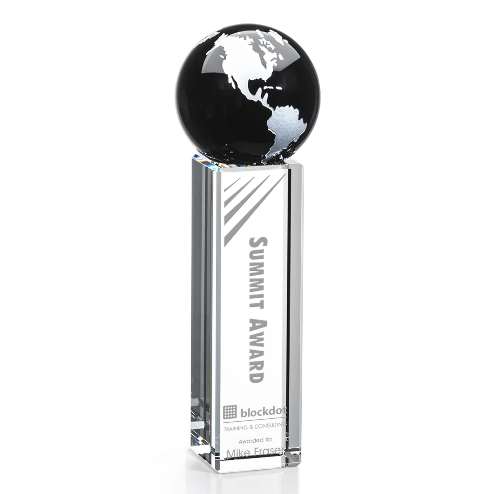 Personalized Blue Optical Crystal Globe Award on Crystal Pillar for volunteer appreciation