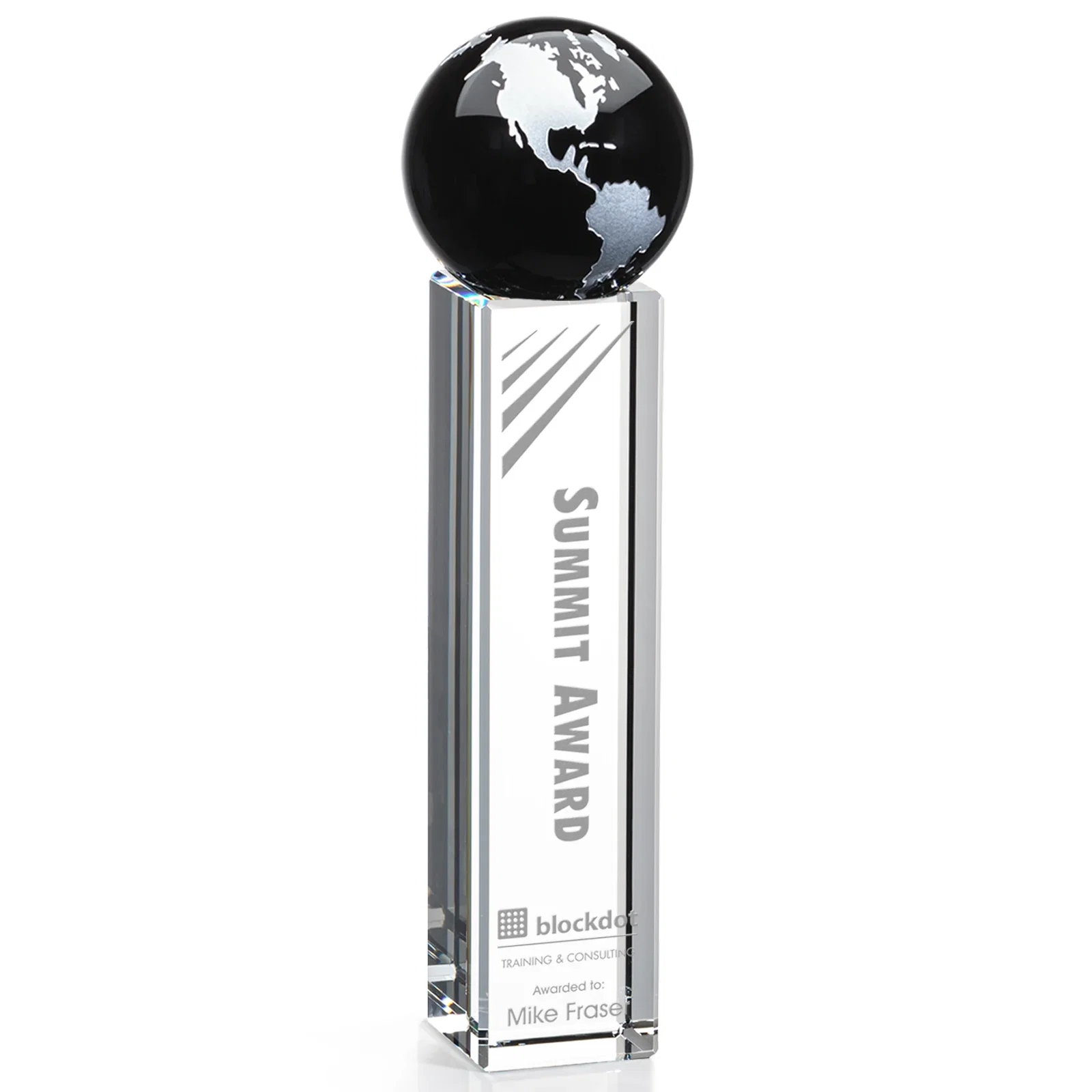 Personalized Blue Optical Crystal Globe Award on Crystal Pillar for dealer and partner awards