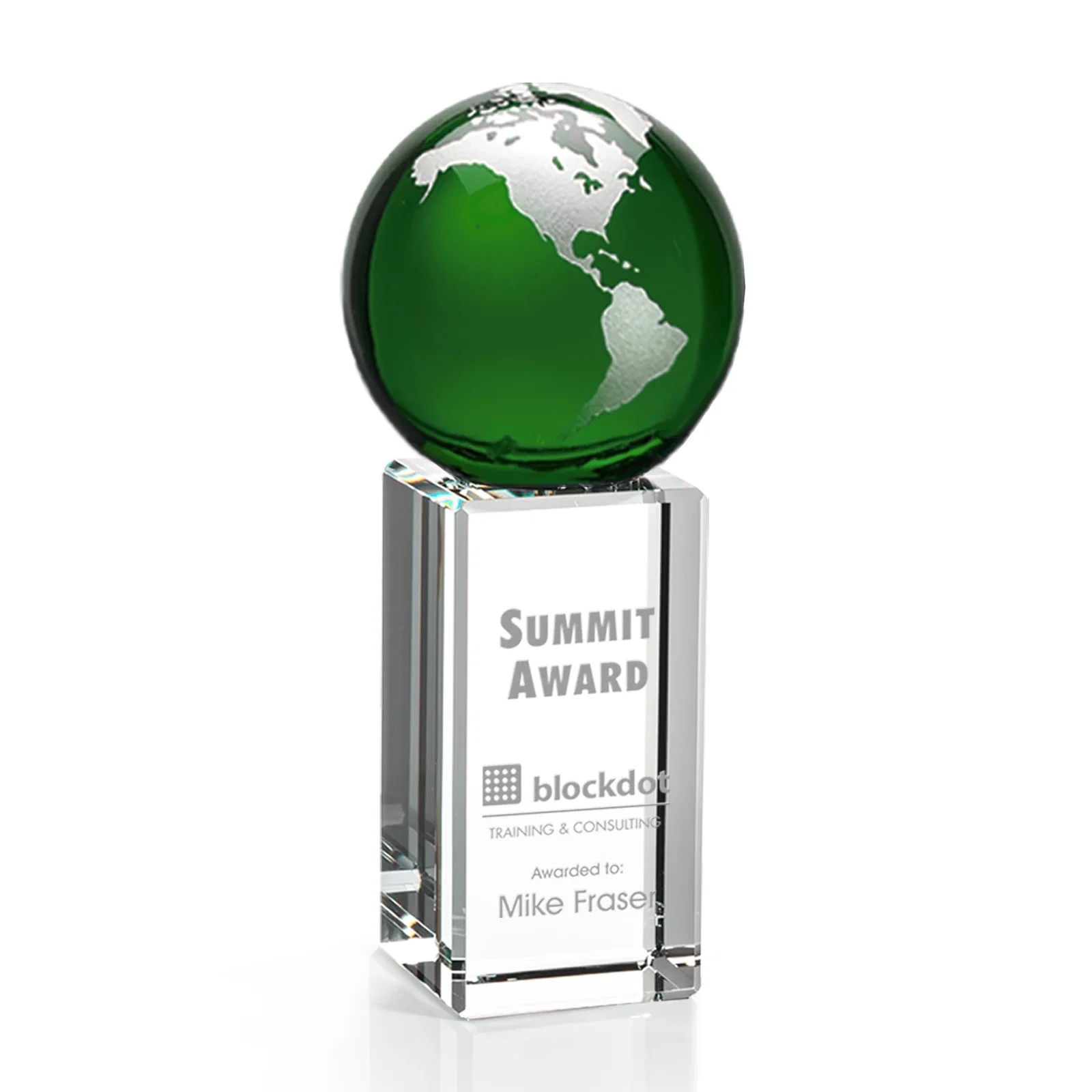 Personalized Blue Optical Crystal Globe Award on Crystal Pillar for company anniversary events